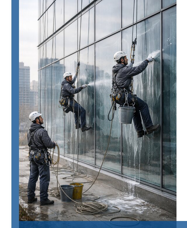 Промышленная мойка панорамных окон на высоте в Дальнегорске