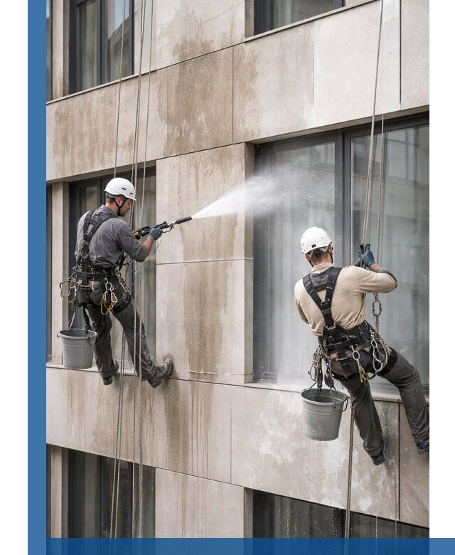 Послестроительная мойка фасада промышленным альпинизмом в Дальнегорске