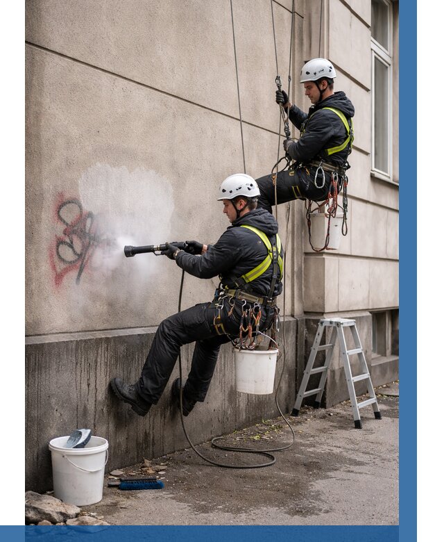 Удаление граффити с фасада в Дальнегорске от 4637 р. | ВЫСОТНИК-Дль