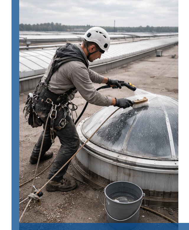 Мойка зенитных фонарей на кровле для промышленных объектов в Дальнегорске