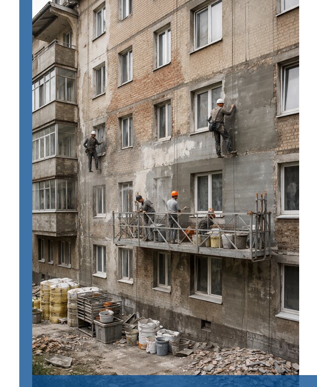 Капитальный ремонт фасада в Дальнегорске с восстановлением и гидроизоляцией