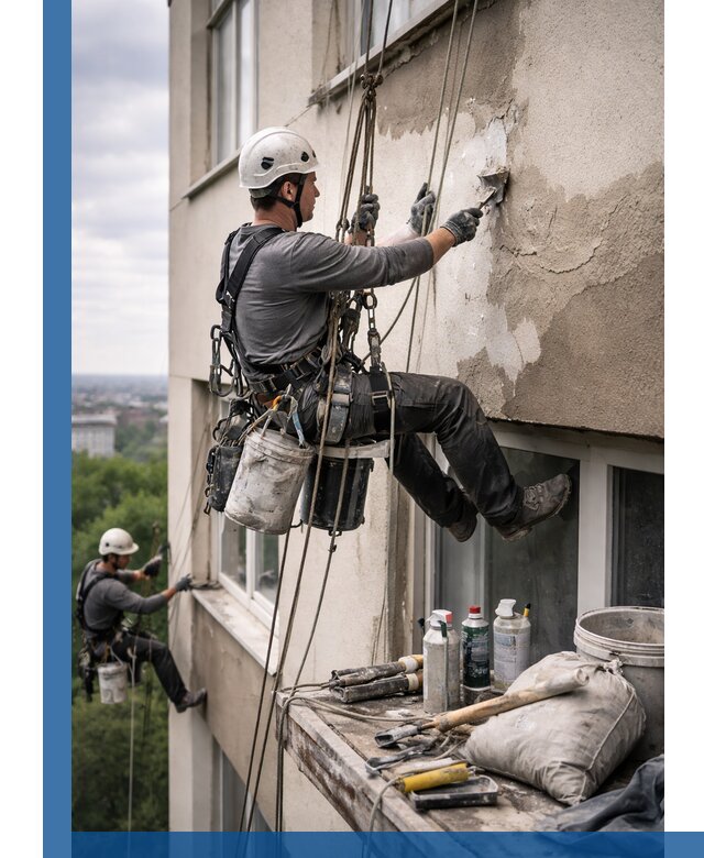 Косметический ремонт фасада зданий в Дальнегорске промышленными альпинистами