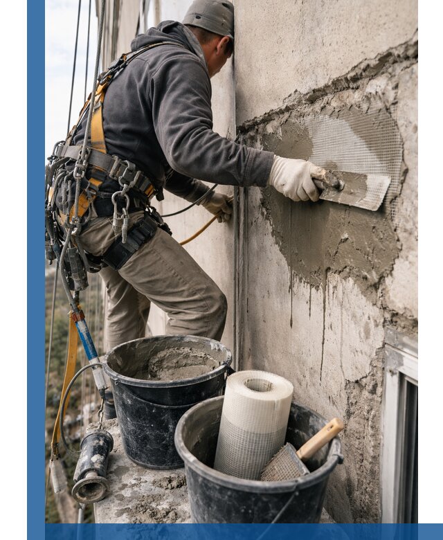 Ремонт бетонных элементов фасада промышленными альпинистами в Дальнегорске