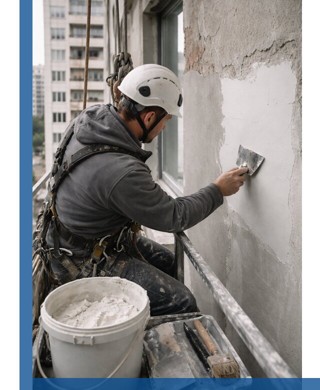 Шпаклевка фасадов на высоте с промальпинистами в Дальнегорске