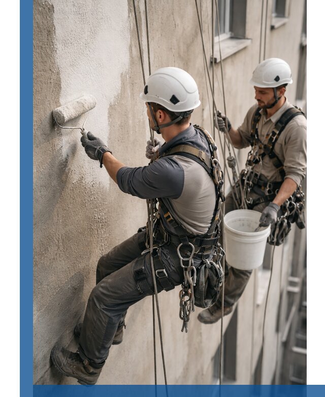 Грунтовка фасада на высоте в Дальнегорске промышленными альпинистами