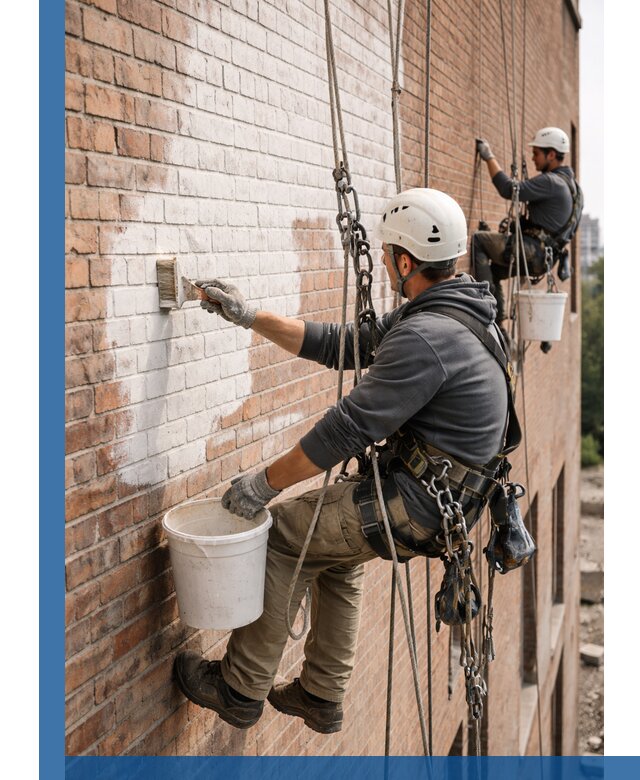 Покраска кирпичного фасада с доступным альпинистским сервисом в Дальнегорске
