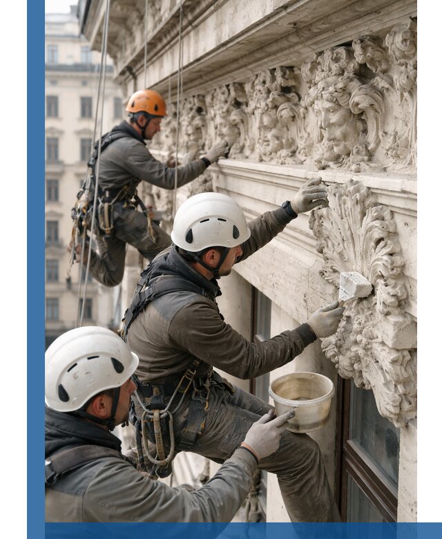 Реставрация фасадной лепнины с высотными работами в Дальнегорске