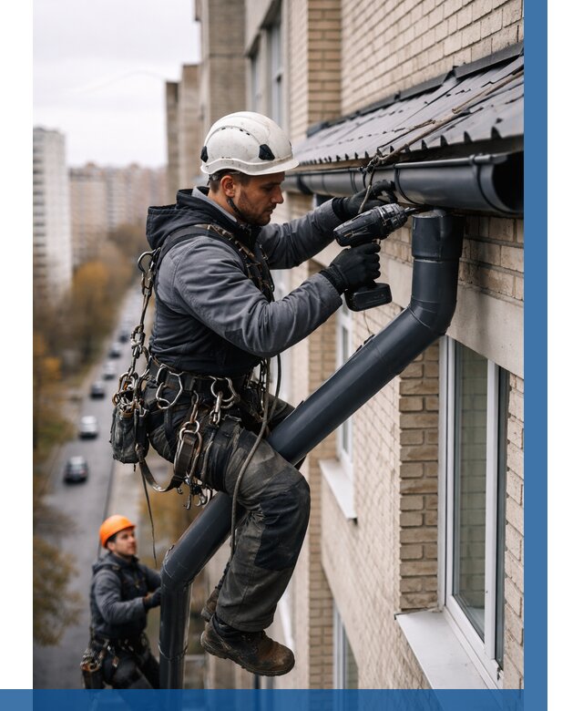 Монтаж водосточной системы на здании в Дальнегорске от 5152 р. | ВЫСОТНИК-Дль