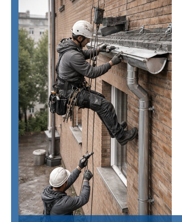 Монтаж водосточной системы на здании в Дальнегорске под ключ