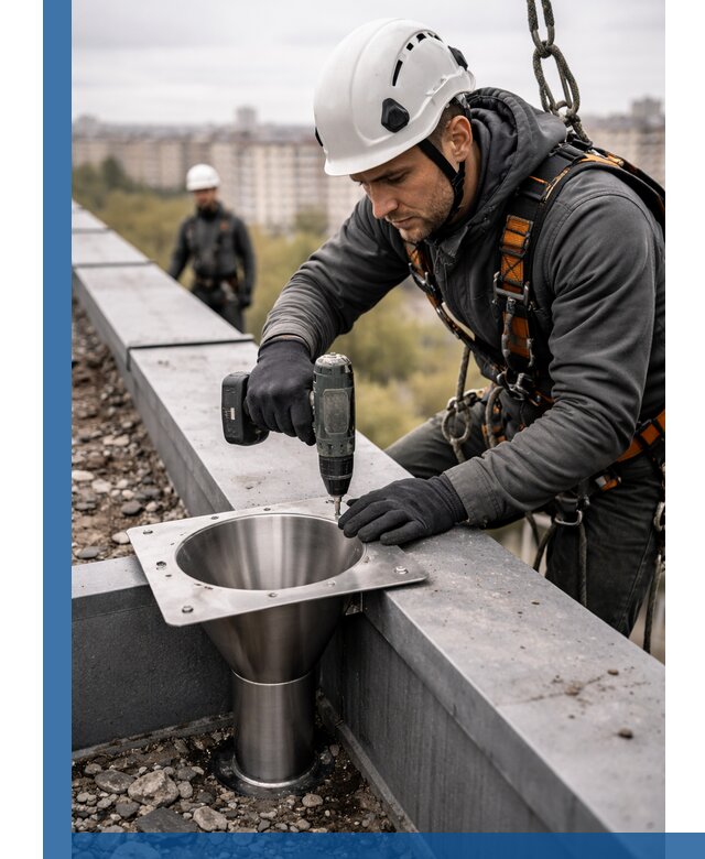 Монтаж водосточных воронок в Дальнегорске для промышленных зданий