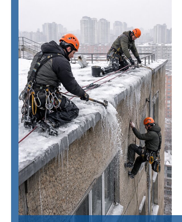 Удаление наледи с кровли в Дальнегорске промышленными альпинистами