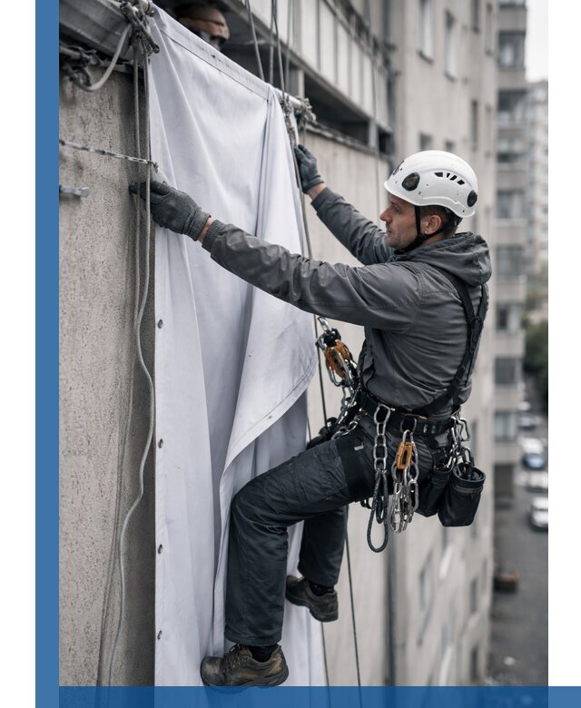 Замена баннерного полотна промышленными альпинистами в Дальнегорске