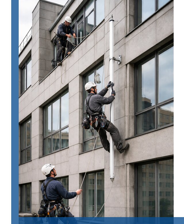 Монтаж флагштока на фасаде здания с креплением и герметикой в Дальнегорске