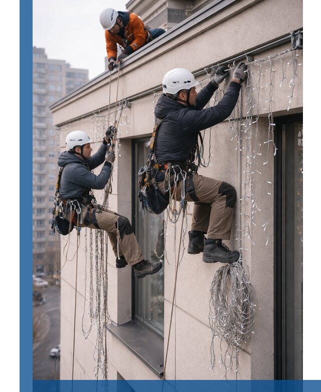 Монтаж праздничных гирлянд на фасаде в Дальнегорске для зданий