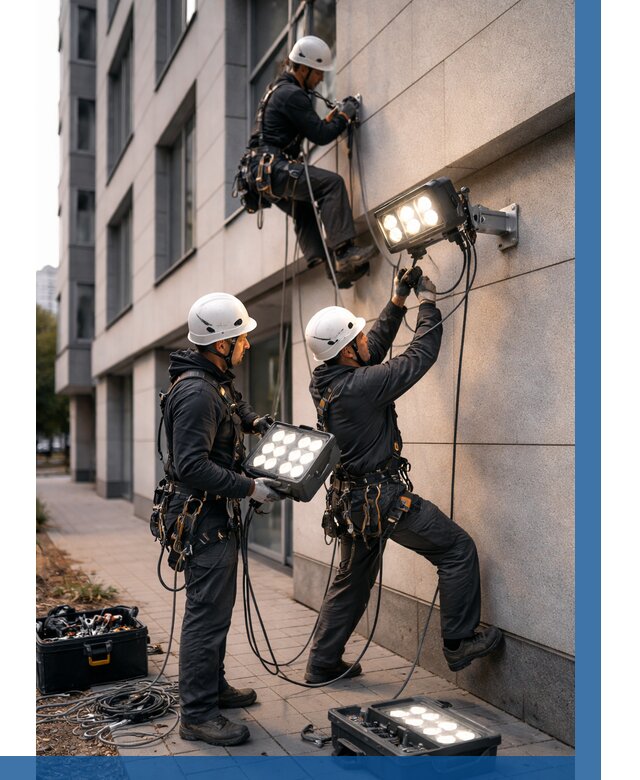 Монтаж прожекторов на фасаде в Дальнегорске от 7728 р. | ВЫСОТНИК-Дль
