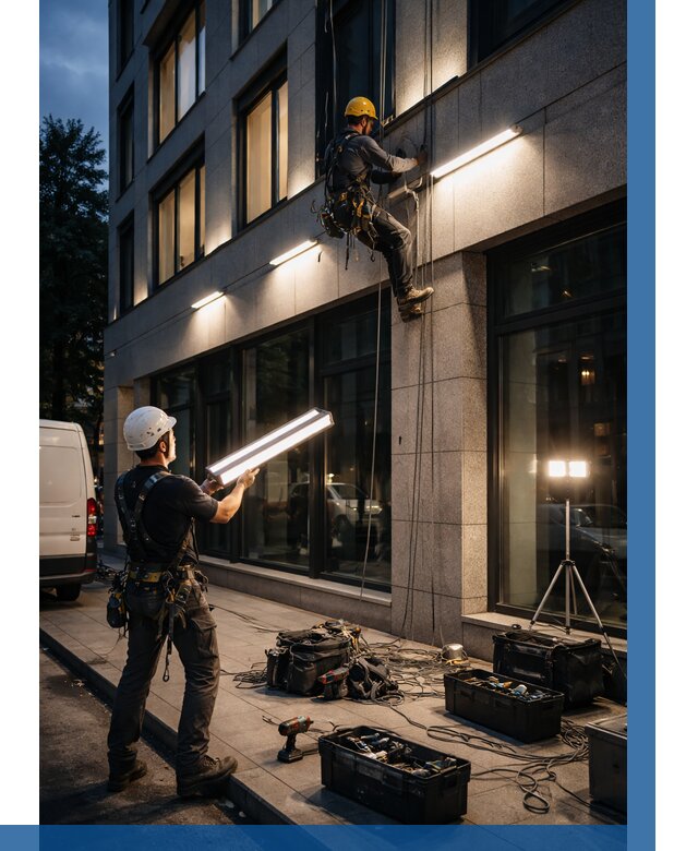 Монтаж архитектурной подсветки здания в Дальнегорске от 2576 р.|ВЫСОТНИК-Дль