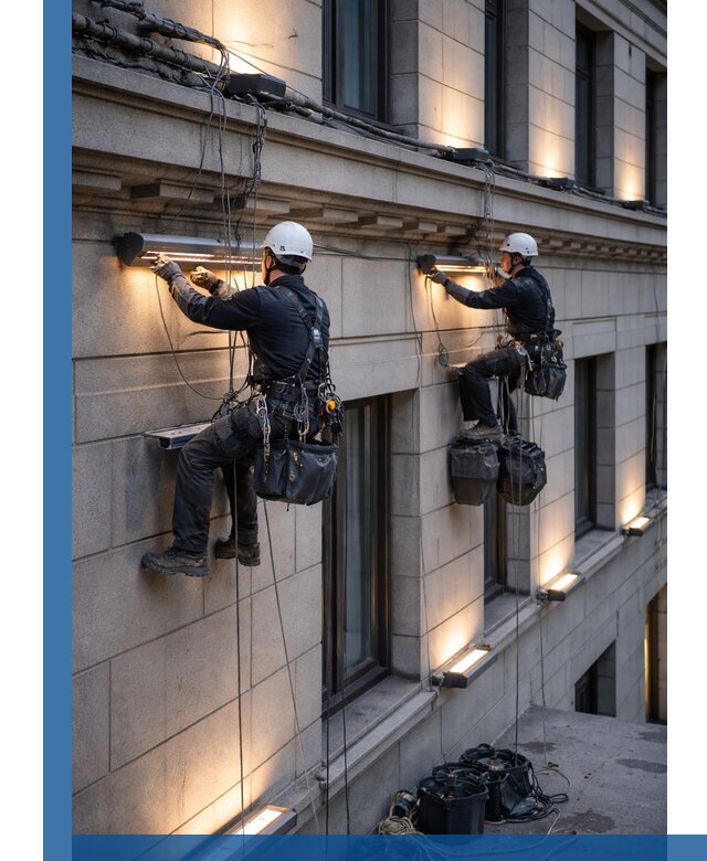 Монтаж архитектурной подсветки фасадов зданий в Дальнегорске