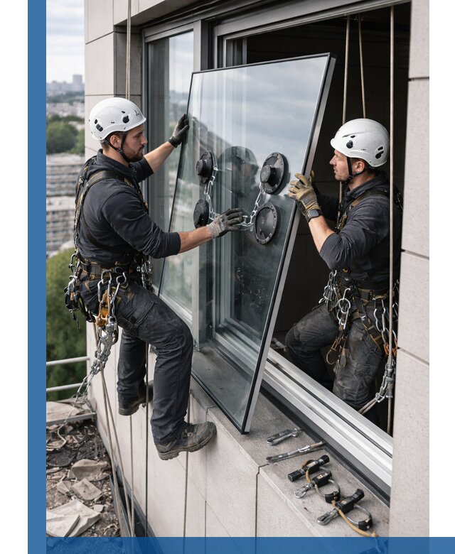 Замена стеклопакетов на высоте с промышленными альпинистами в Дальнегорске