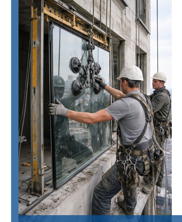 Монтаж стеклопакетов на высоте в Дальнегорске с промышленным альпинизмом