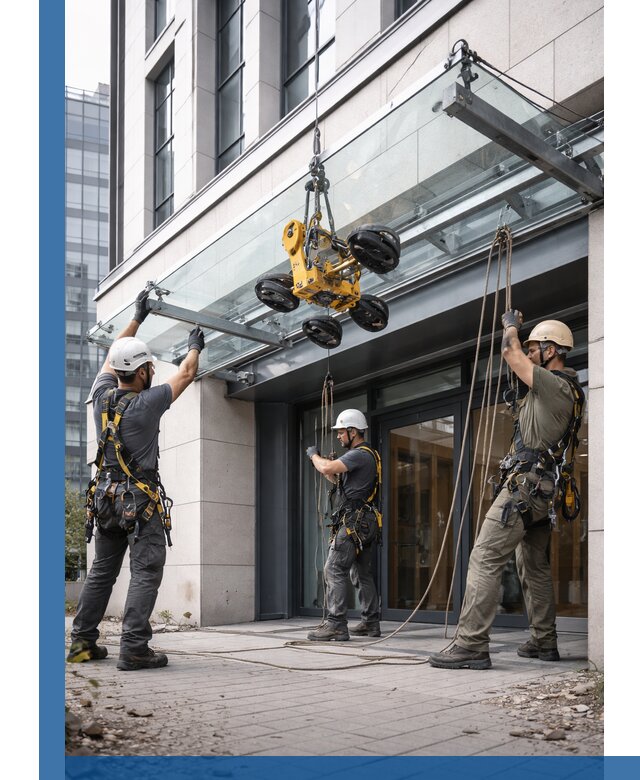 Монтаж стеклянных козырьков под ключ в Дальнегорске для зданий