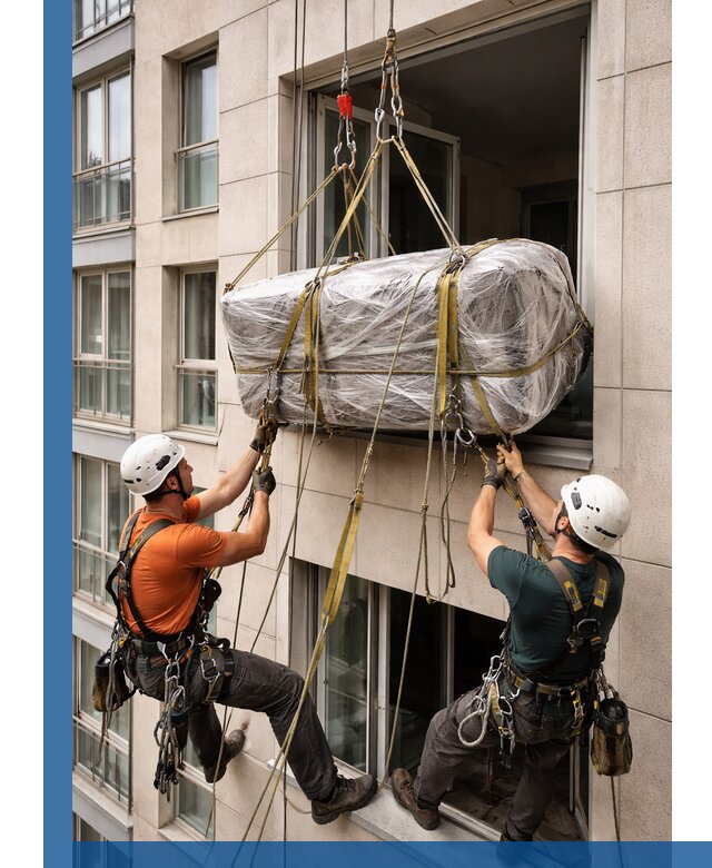 Подъем грузов через окно в Дальнегорске промышленными альпинистами