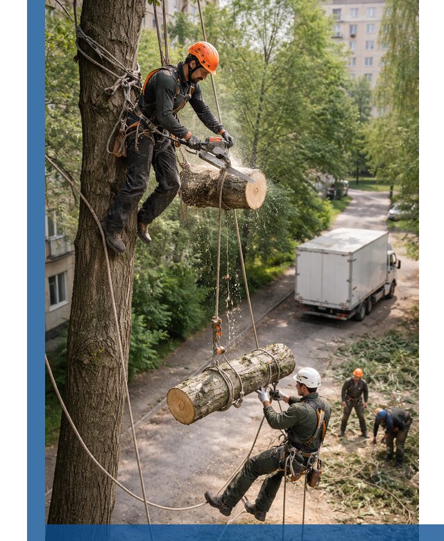 Спил деревьев альпинистами в Дальнегорске, безопасно и без повреждений
