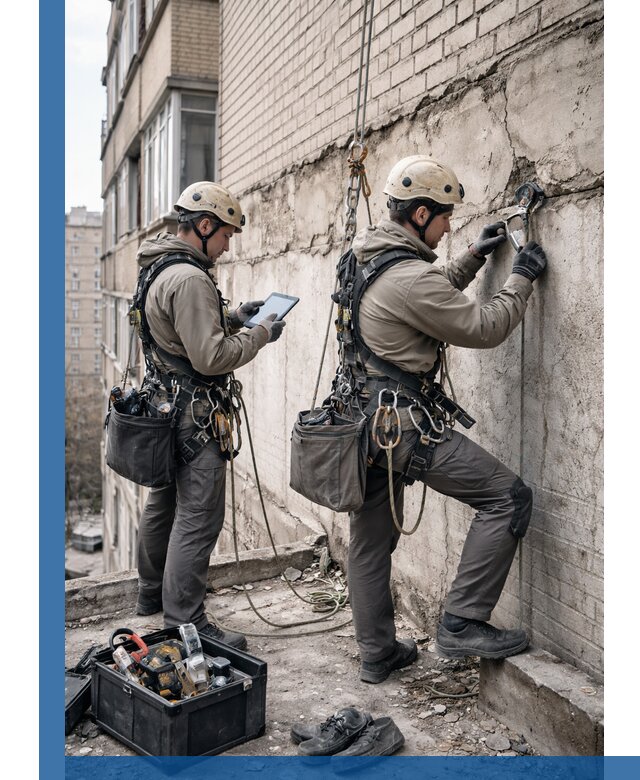 Обследование фасада промышленными альпинистами в Дальнегорске